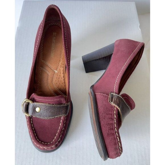 Womens Loafer Shoes Burgundy Suede Pumps Brown Strap Buckle Sz 7 7M - Picture 2 of 13